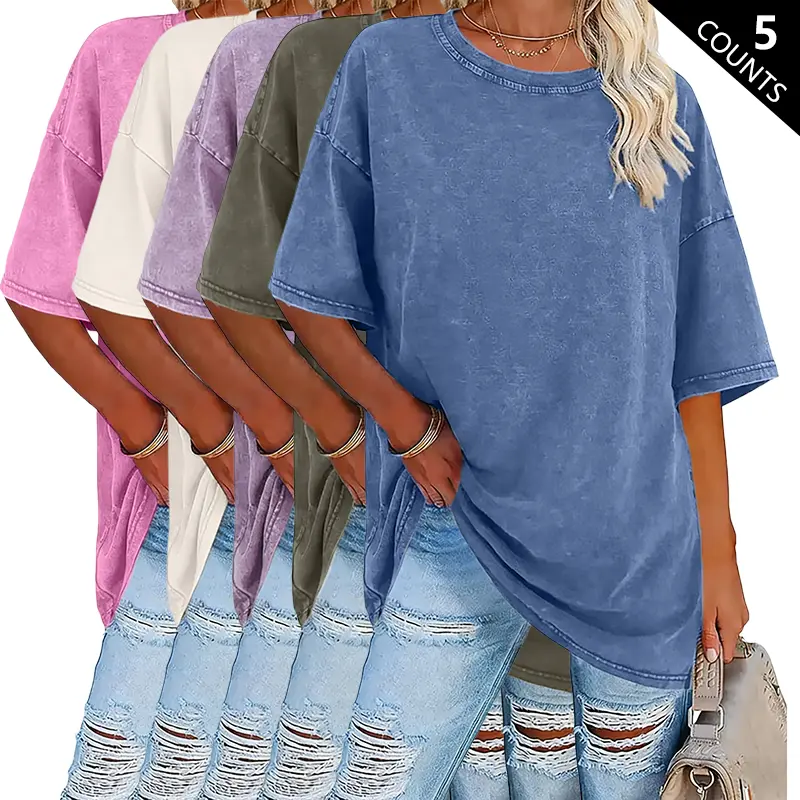 Women’s Summer Fashion Vintage Washed Cotton T-Shirts(5-Pack)