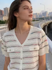 European And American Small Fragrance Style Striped Fashion Button V-Neck Short Sleeve Top
