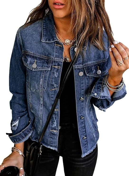 🔥Last day promotion⏰—Womens Washed Crop Denim Jacket With Pockets