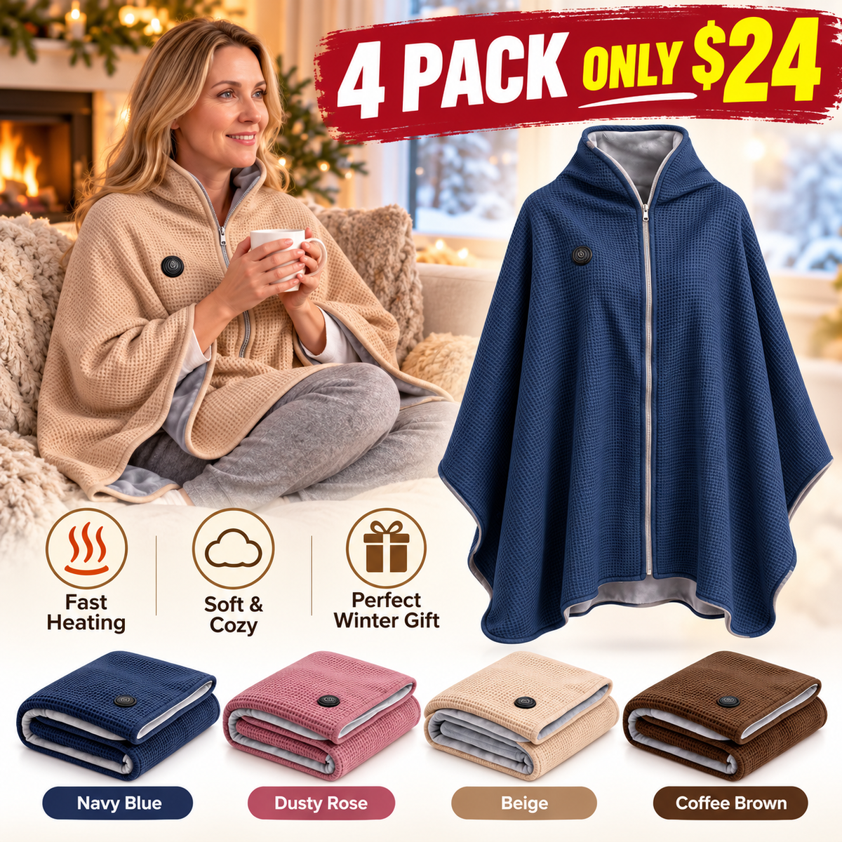 Wearable Heated Blanket Wrap for Women – Ultra-Soft Fleece Winter Cover