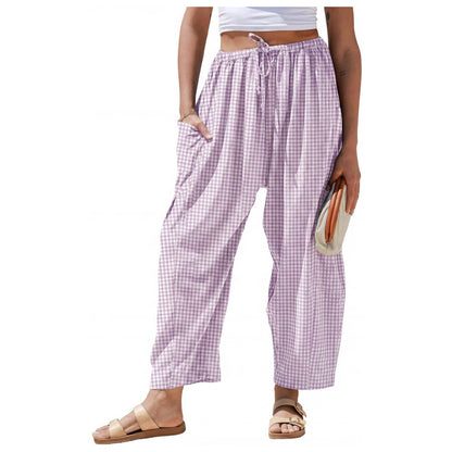 Womens Wide Leg Gingham Striped Plaid Pants