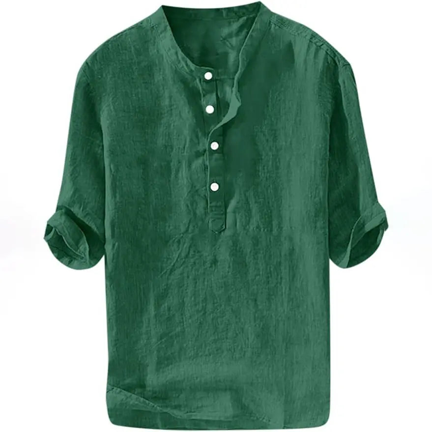 Mens Linen Shirts Casual Cotton 3/4 Sleeve Regular-Fit Henley T-Shirt