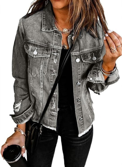 🔥Last day promotion⏰—Womens Washed Crop Denim Jacket With Pockets