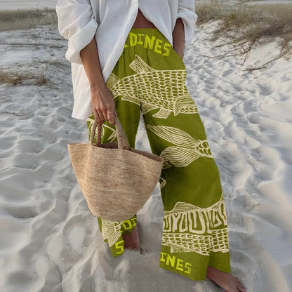 🔥 Perfect Summer Elastic Waistband Vacation Ukiyoe Style Sardine Wide Leg Print Pant