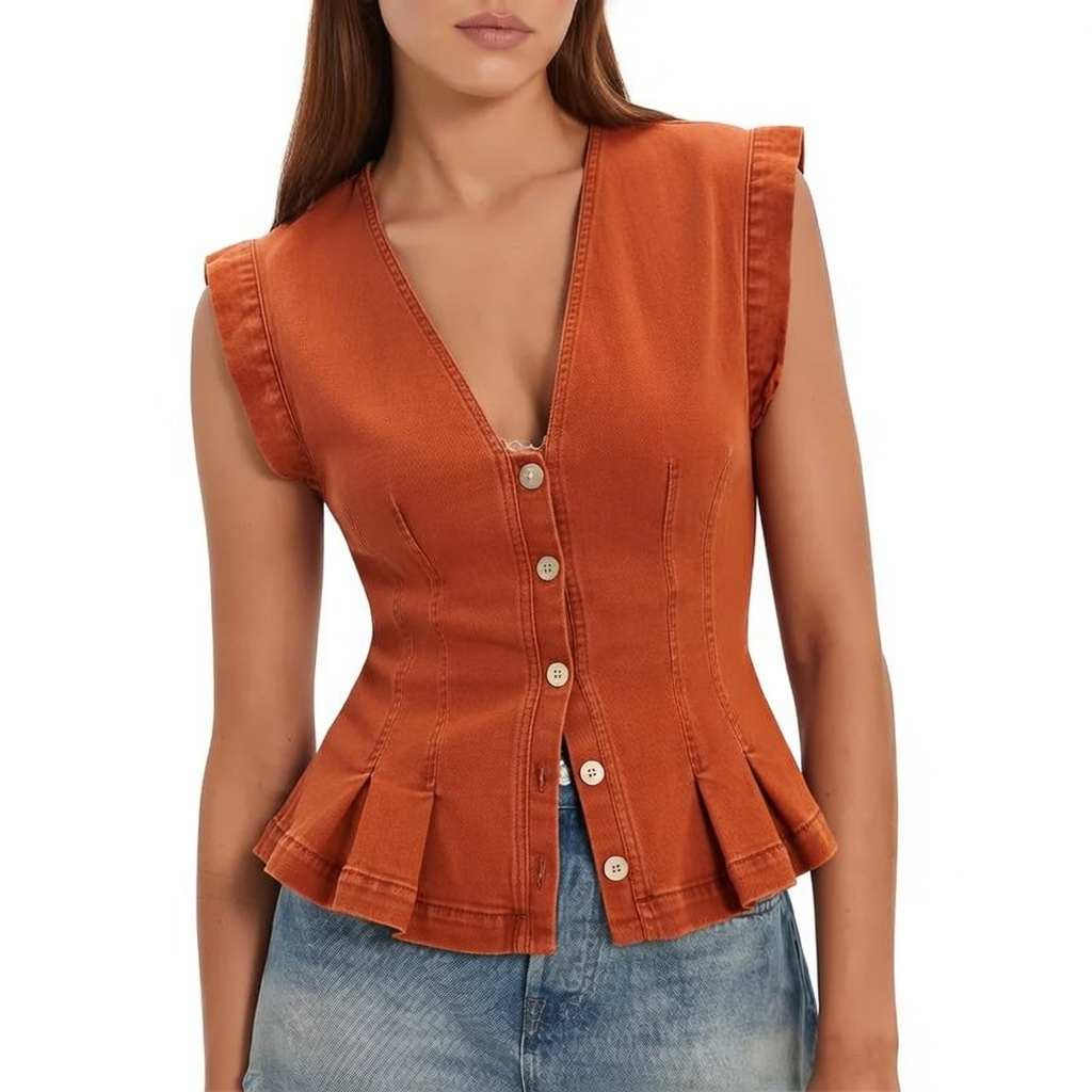 🚨Ends at Midnight ! Women's V Neck Denim Vests Tops Button Down Y2k Fitted Pleated Sleeveless Jean