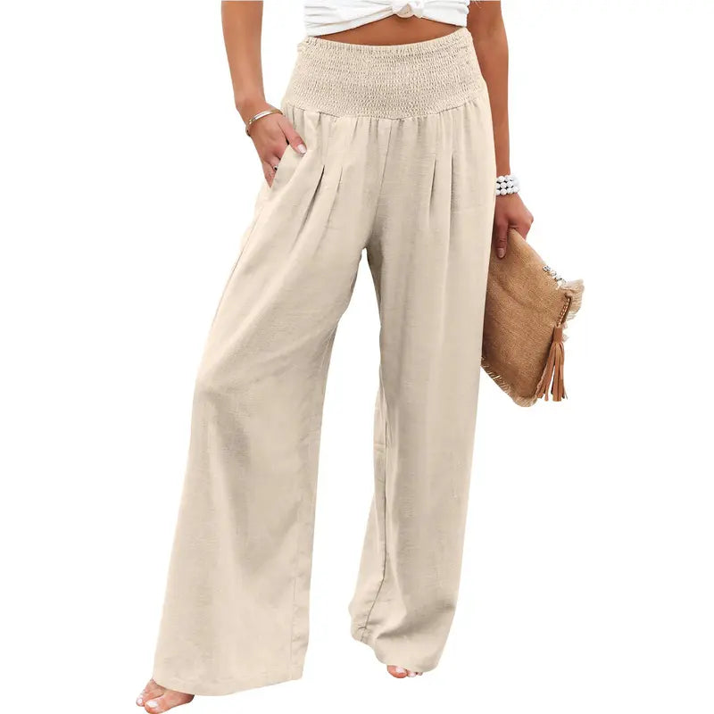 Women‘s Linen Palazzo Pants Summer Boho Wide Leg High Waist Casual Lounge Pant Beach Travel Comfortable Vacation