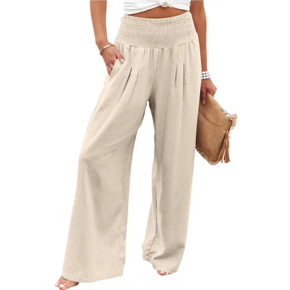 Women‘s Linen Palazzo Pants Summer Boho Wide Leg High Waist Casual Lounge Pant Beach Travel Comfortable Vacation