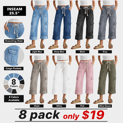 Drawstring Flap Pocket Roll Hem High Waist Straight Leg Crop Jeans