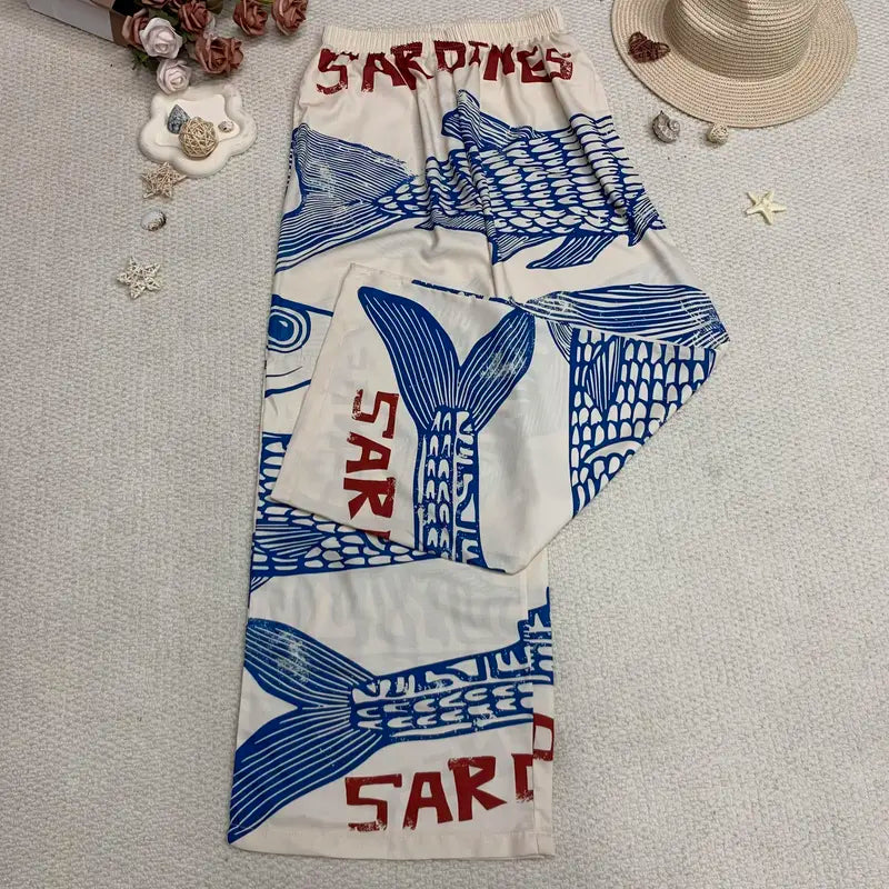 🔥 Perfect Summer Elastic Waistband Vacation Ukiyoe Style Sardine Wide Leg Print Pant