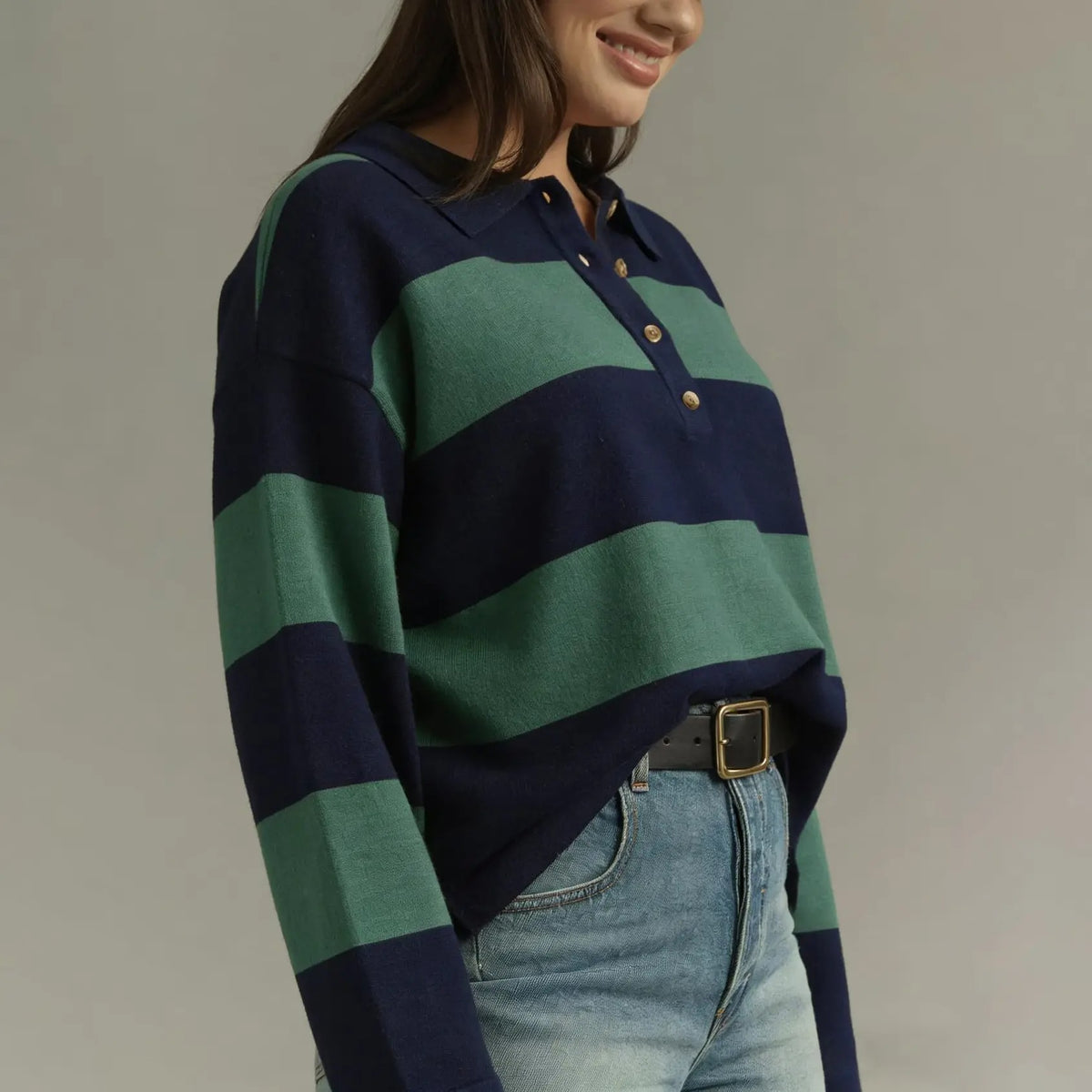 Women's Striped Collared Rugby Polo Sweater Long Sleeve Soft Knit Y2K Casual Pullover Top