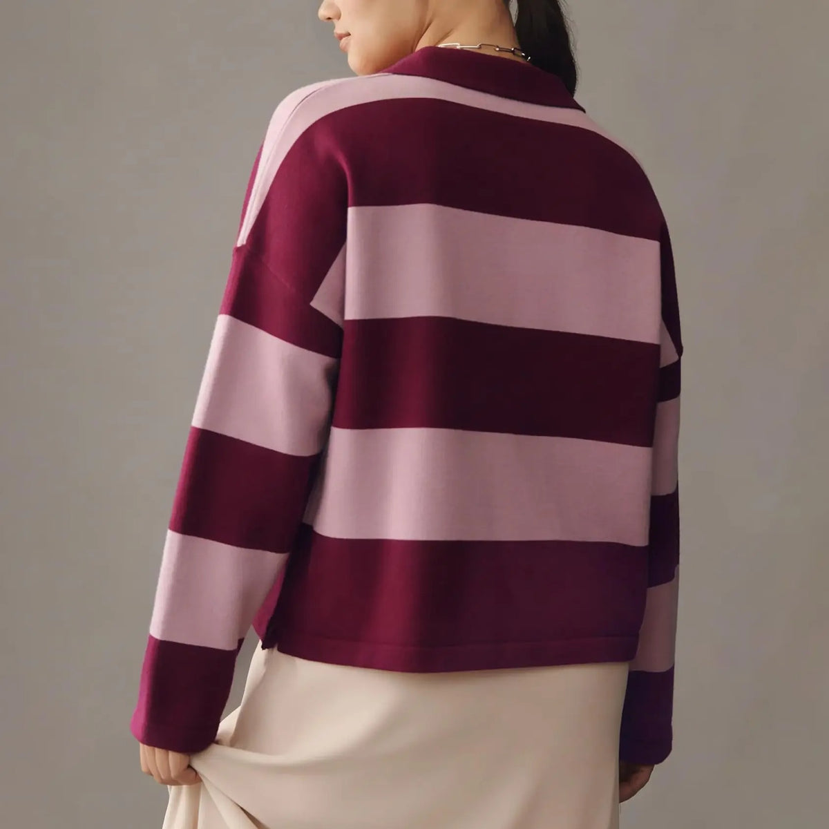 Women's Striped Collared Rugby Polo Sweater Long Sleeve Soft Knit Y2K Casual Pullover Top