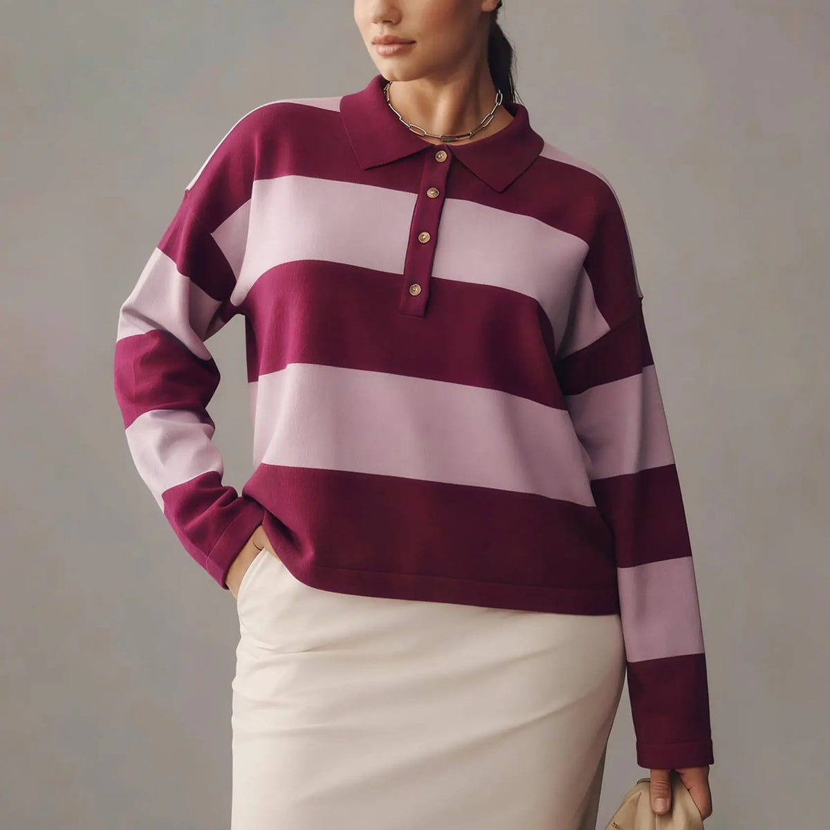 Women's Striped Collared Rugby Polo Sweater Long Sleeve Soft Knit Y2K Casual Pullover Top