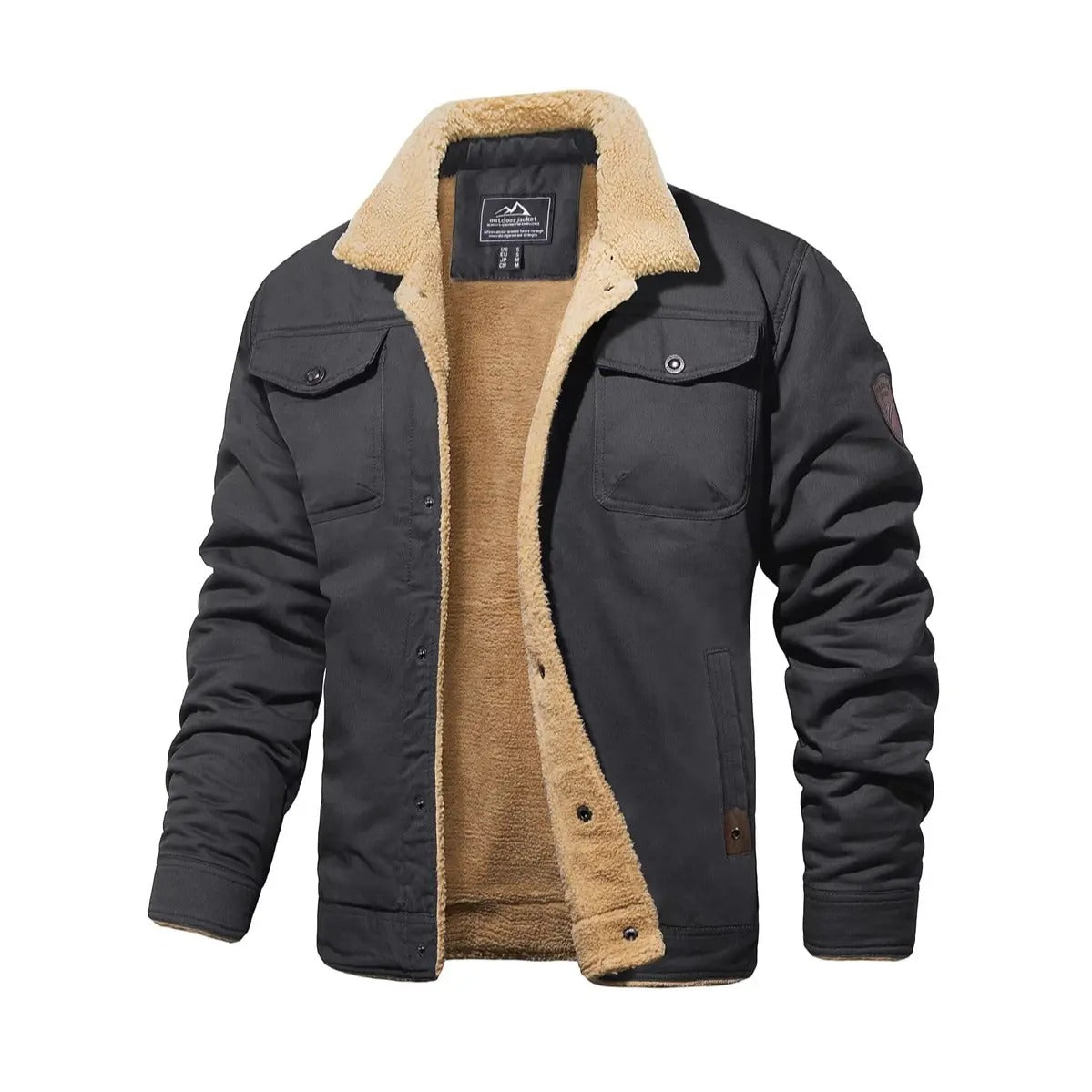 Men's Sherpa Lined Trucker Cargo Jacket, Warm Collared Multi‑Pocket Fleece Cotton Winter Coat