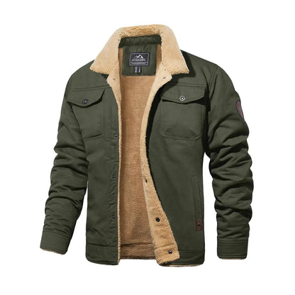 Men's Sherpa Lined Trucker Cargo Jacket, Warm Collared Multi‑Pocket Fleece Cotton Winter Coat
