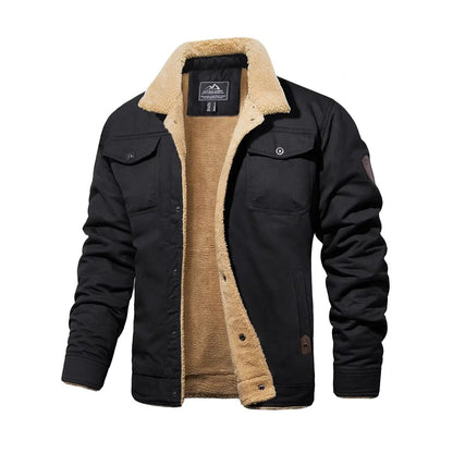 Men's Sherpa Lined Trucker Cargo Jacket, Warm Collared Multi‑Pocket Fleece Cotton Winter Coat
