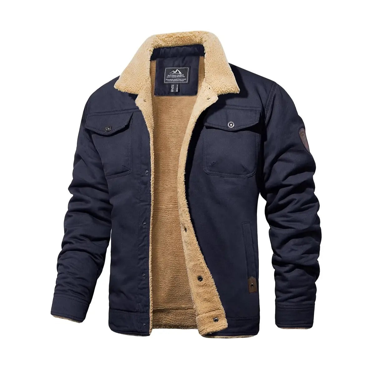 Men's Sherpa Lined Trucker Cargo Jacket, Warm Collared Multi‑Pocket Fleece Cotton Winter Coat