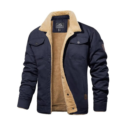 Men's Sherpa Lined Trucker Cargo Jacket, Warm Collared Multi‑Pocket Fleece Cotton Winter Coat