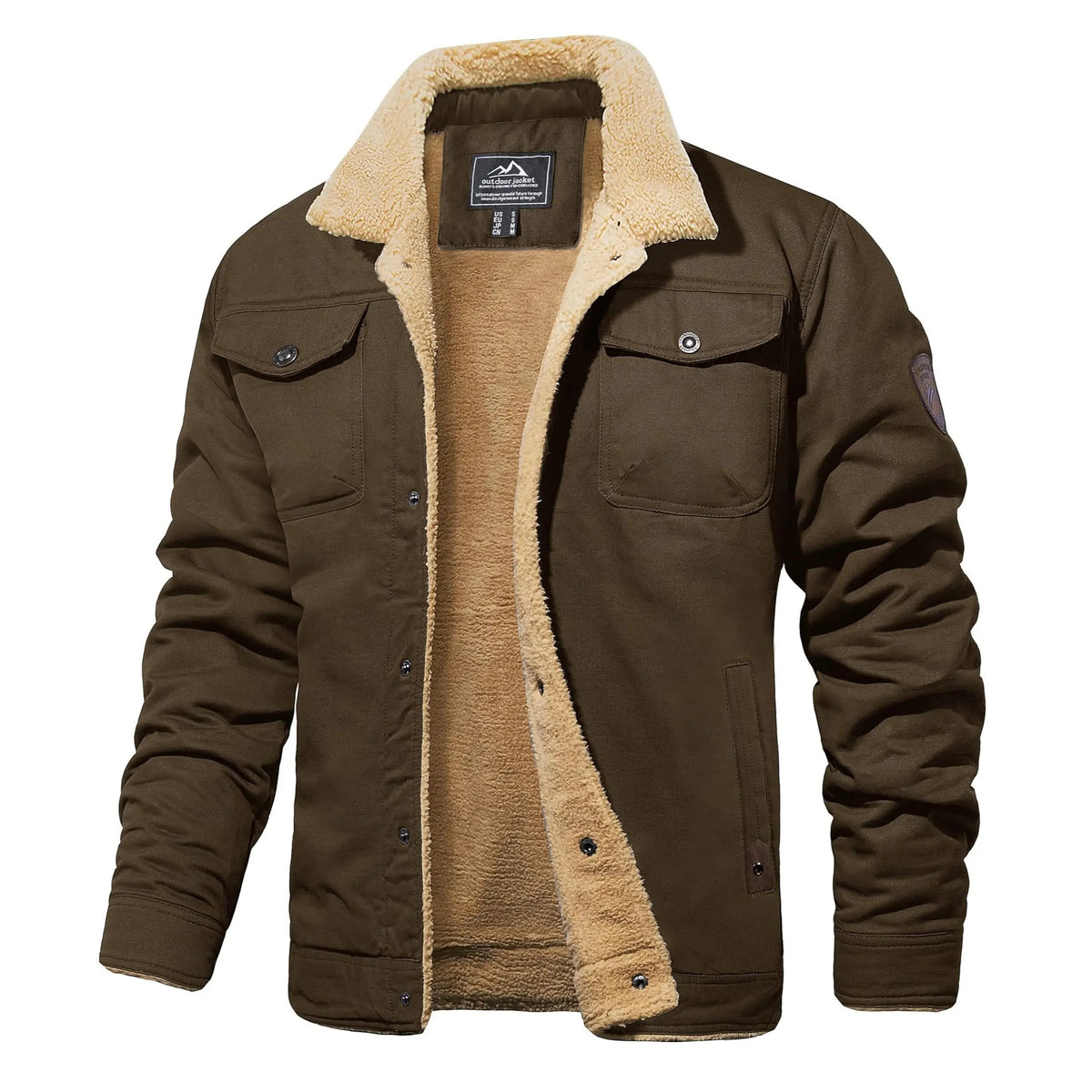 Men's Sherpa Lined Trucker Cargo Jacket, Warm Collared Multi‑Pocket Fleece Cotton Winter Coat
