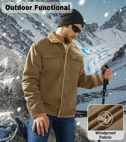 Men's Sherpa Lined Trucker Cargo Jacket, Warm Collared Multi‑Pocket Fleece Cotton Winter Coat