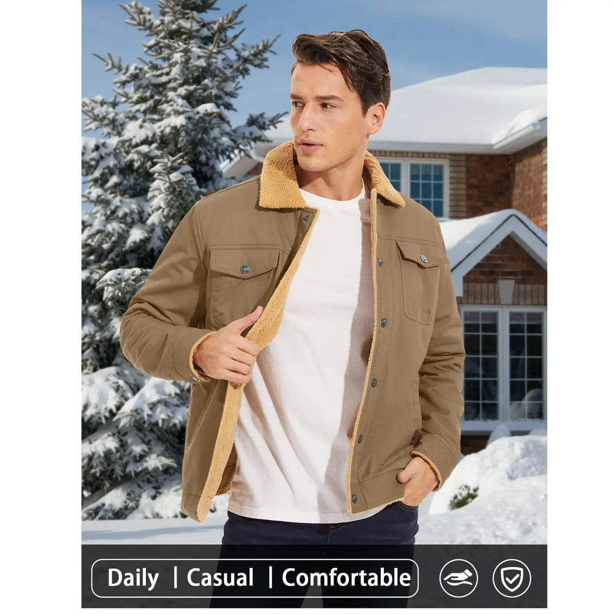 Men's Sherpa Lined Trucker Cargo Jacket, Warm Collared Multi‑Pocket Fleece Cotton Winter Coat