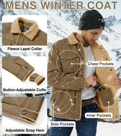 Men's Sherpa Lined Trucker Cargo Jacket, Warm Collared Multi‑Pocket Fleece Cotton Winter Coat