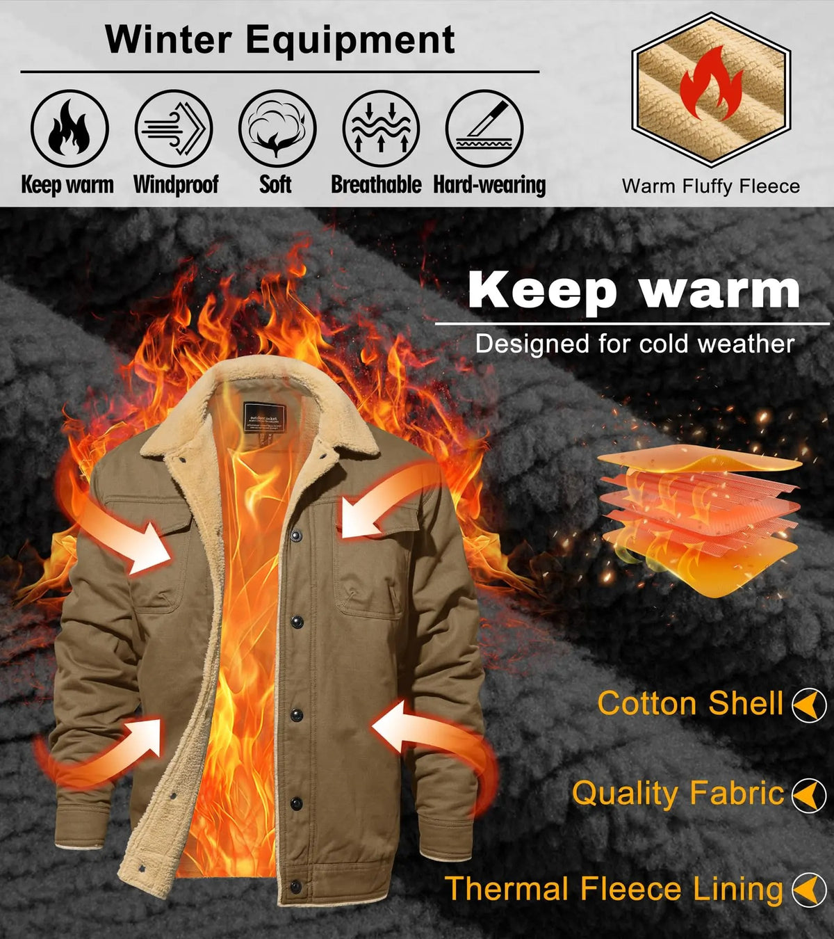 Men's Sherpa Lined Trucker Cargo Jacket, Warm Collared Multi‑Pocket Fleece Cotton Winter Coat