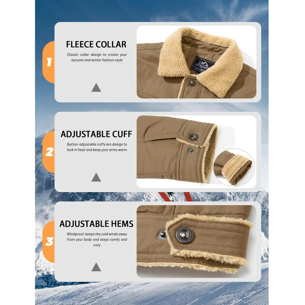 Men's Sherpa Lined Trucker Cargo Jacket, Warm Collared Multi‑Pocket Fleece Cotton Winter Coat