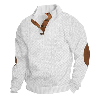 Men's Stand Collar Jacquard Knit Sweater, Micro Stretch 100% Polyester Elbow Patch Long Sleeve Top