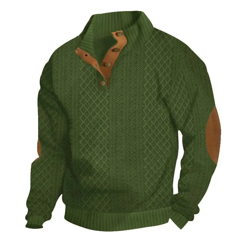 Men's Stand Collar Jacquard Knit Sweater, Micro Stretch 100% Polyester Elbow Patch Long Sleeve Top