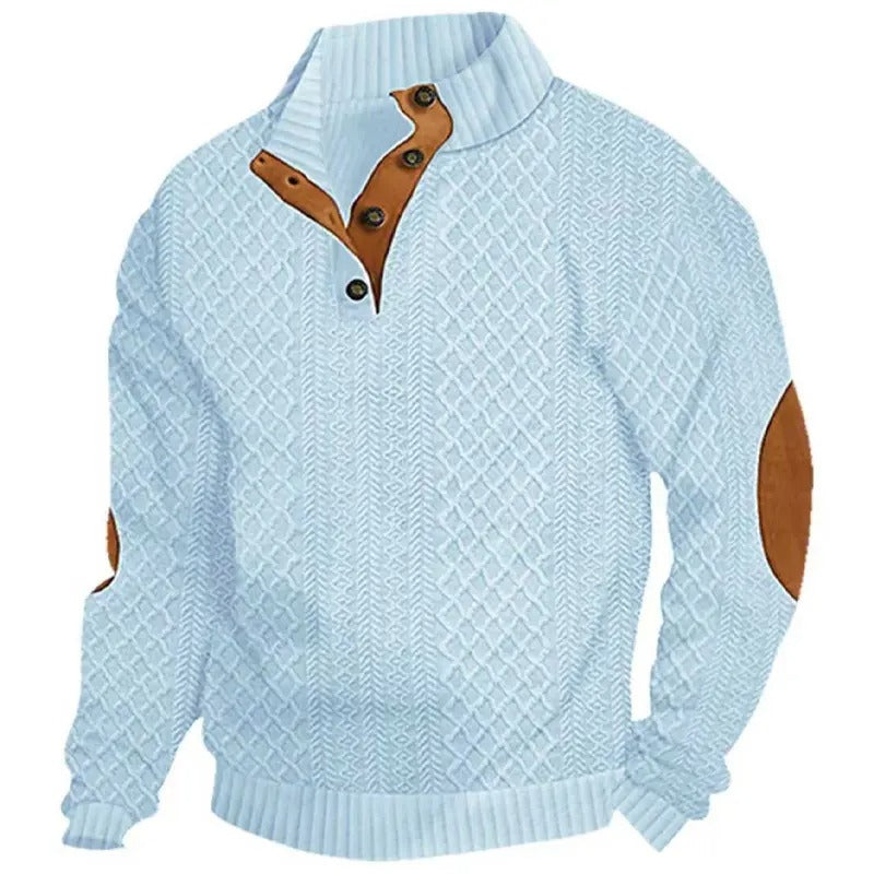 Men's Stand Collar Jacquard Knit Sweater, Micro Stretch 100% Polyester Elbow Patch Long Sleeve Top