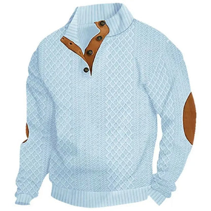 Men's Stand Collar Jacquard Knit Sweater, Micro Stretch 100% Polyester Elbow Patch Long Sleeve Top