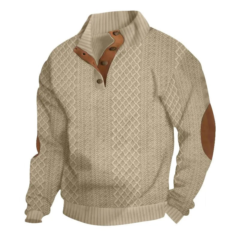 Men's Stand Collar Jacquard Knit Sweater, Micro Stretch 100% Polyester Elbow Patch Long Sleeve Top