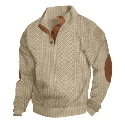 Men's Stand Collar Jacquard Knit Sweater, Micro Stretch 100% Polyester Elbow Patch Long Sleeve Top