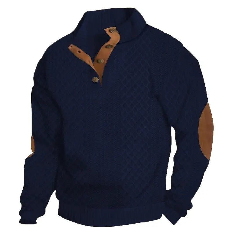Men's Stand Collar Jacquard Knit Sweater, Micro Stretch 100% Polyester Elbow Patch Long Sleeve Top
