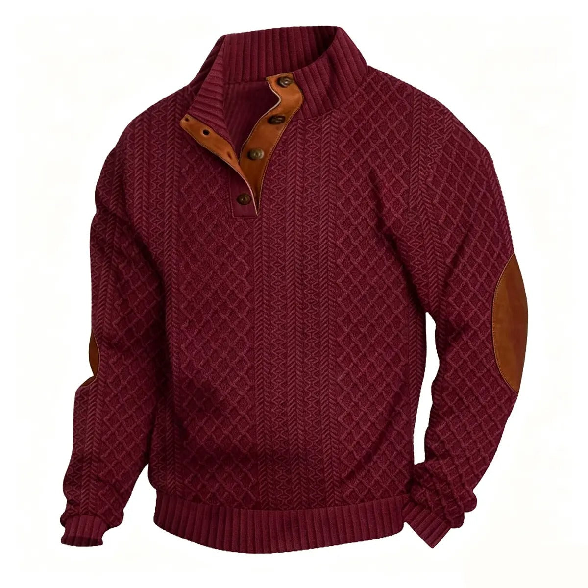 Men's Stand Collar Jacquard Knit Sweater, Micro Stretch 100% Polyester Elbow Patch Long Sleeve Top