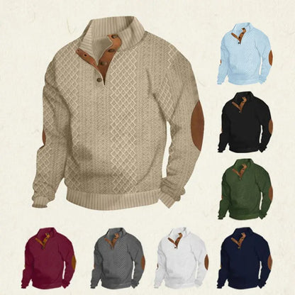 Men's Stand Collar Jacquard Knit Sweater, Micro Stretch 100% Polyester Elbow Patch Long Sleeve Top