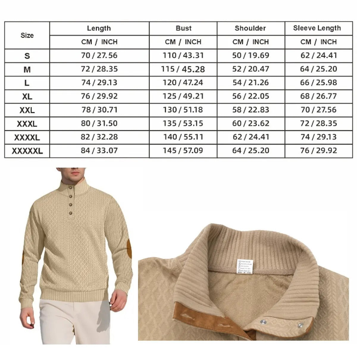 Men's Stand Collar Jacquard Knit Sweater, Micro Stretch 100% Polyester Elbow Patch Long Sleeve Top