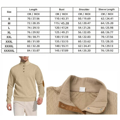 Men's Stand Collar Jacquard Knit Sweater, Micro Stretch 100% Polyester Elbow Patch Long Sleeve Top