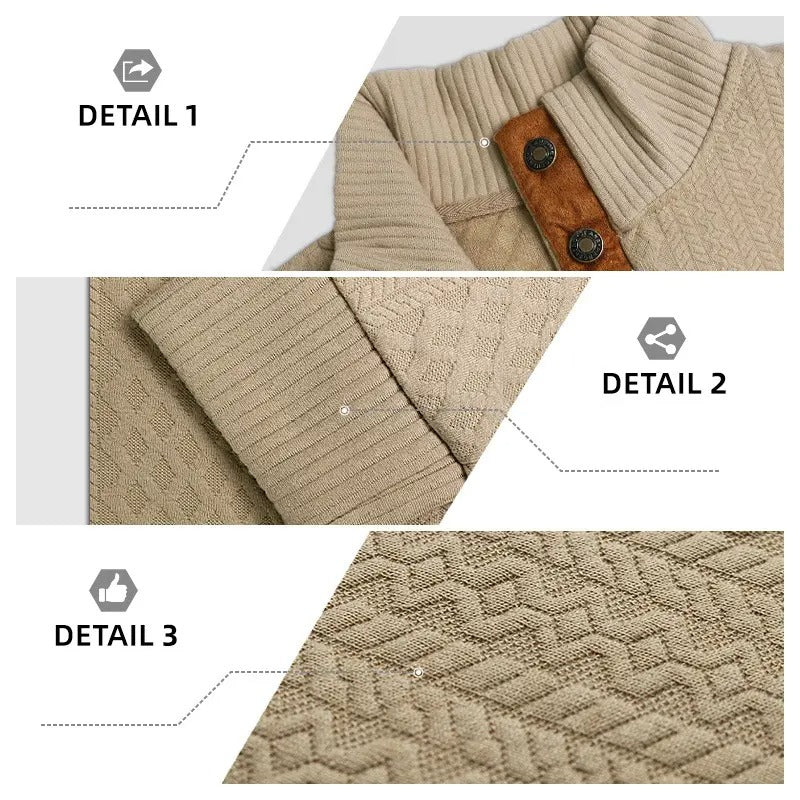 Men's Stand Collar Jacquard Knit Sweater, Micro Stretch 100% Polyester Elbow Patch Long Sleeve Top