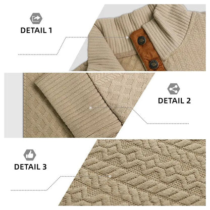Men's Stand Collar Jacquard Knit Sweater, Micro Stretch 100% Polyester Elbow Patch Long Sleeve Top