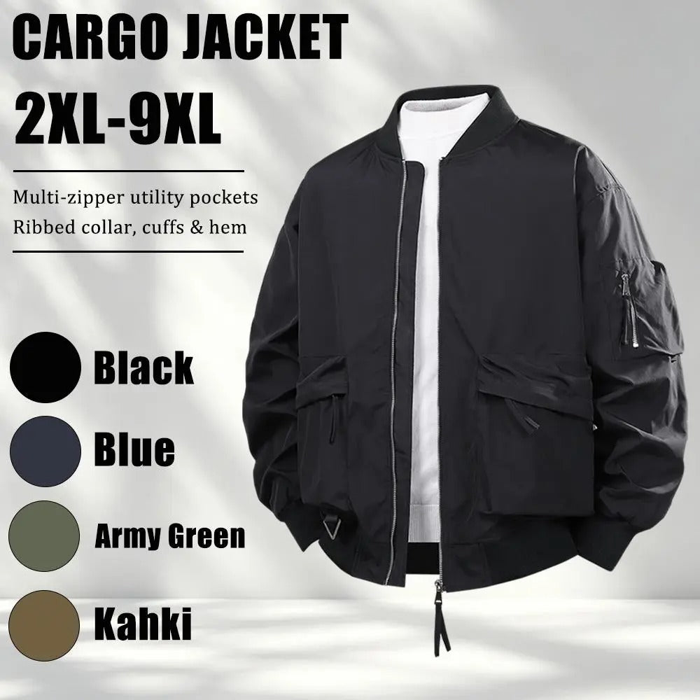 Men's Plus Size Relaxed Fit Workwear Jacket, Multi Zipper Pockets Casual Coat with Ribbed Collar Cuffs and Hem