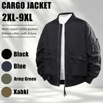 Men's Plus Size Relaxed Fit Workwear Jacket, Multi Zipper Pockets Casual Coat with Ribbed Collar Cuffs and Hem