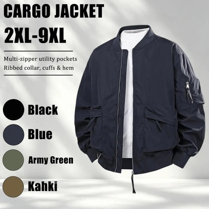 Men's Plus Size Relaxed Fit Workwear Jacket, Multi Zipper Pockets Casual Coat with Ribbed Collar Cuffs and Hem
