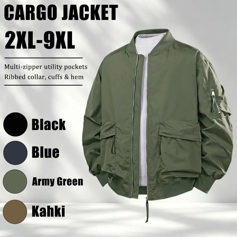 Men's Plus Size Relaxed Fit Workwear Jacket, Multi Zipper Pockets Casual Coat with Ribbed Collar Cuffs and Hem