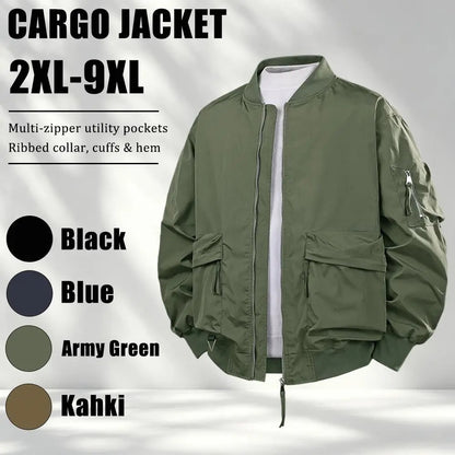 Men's Plus Size Relaxed Fit Workwear Jacket, Multi Zipper Pockets Casual Coat with Ribbed Collar Cuffs and Hem