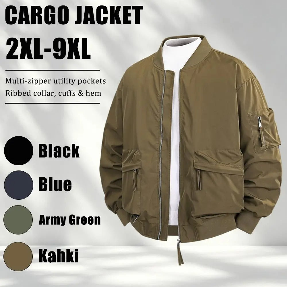 Men's Plus Size Relaxed Fit Workwear Jacket, Multi Zipper Pockets Casual Coat with Ribbed Collar Cuffs and Hem
