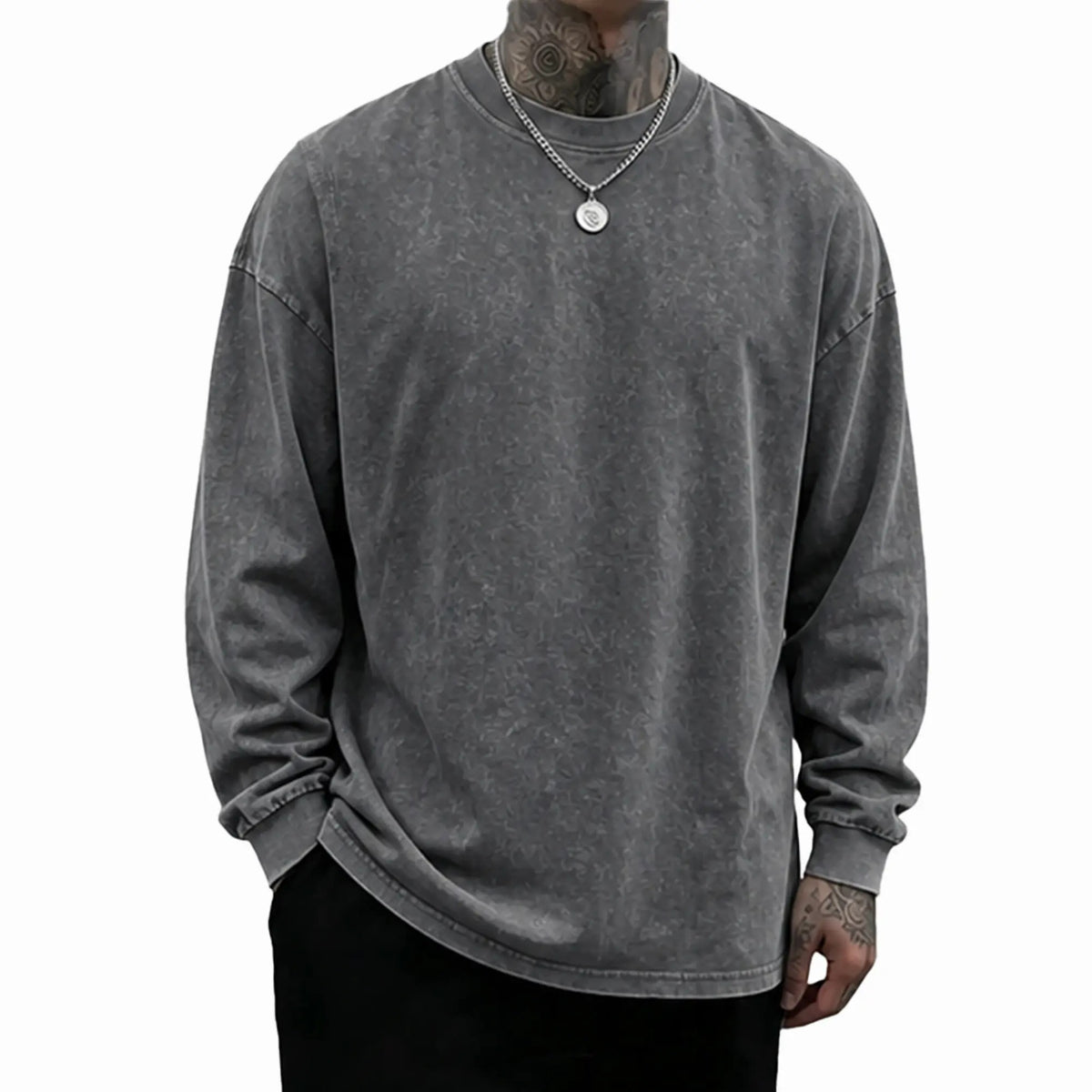 Unisex Oversized Washed Distressed Cotton Long Sleeve T-Shirt, Vintage Plain Crewneck Streetwear Top