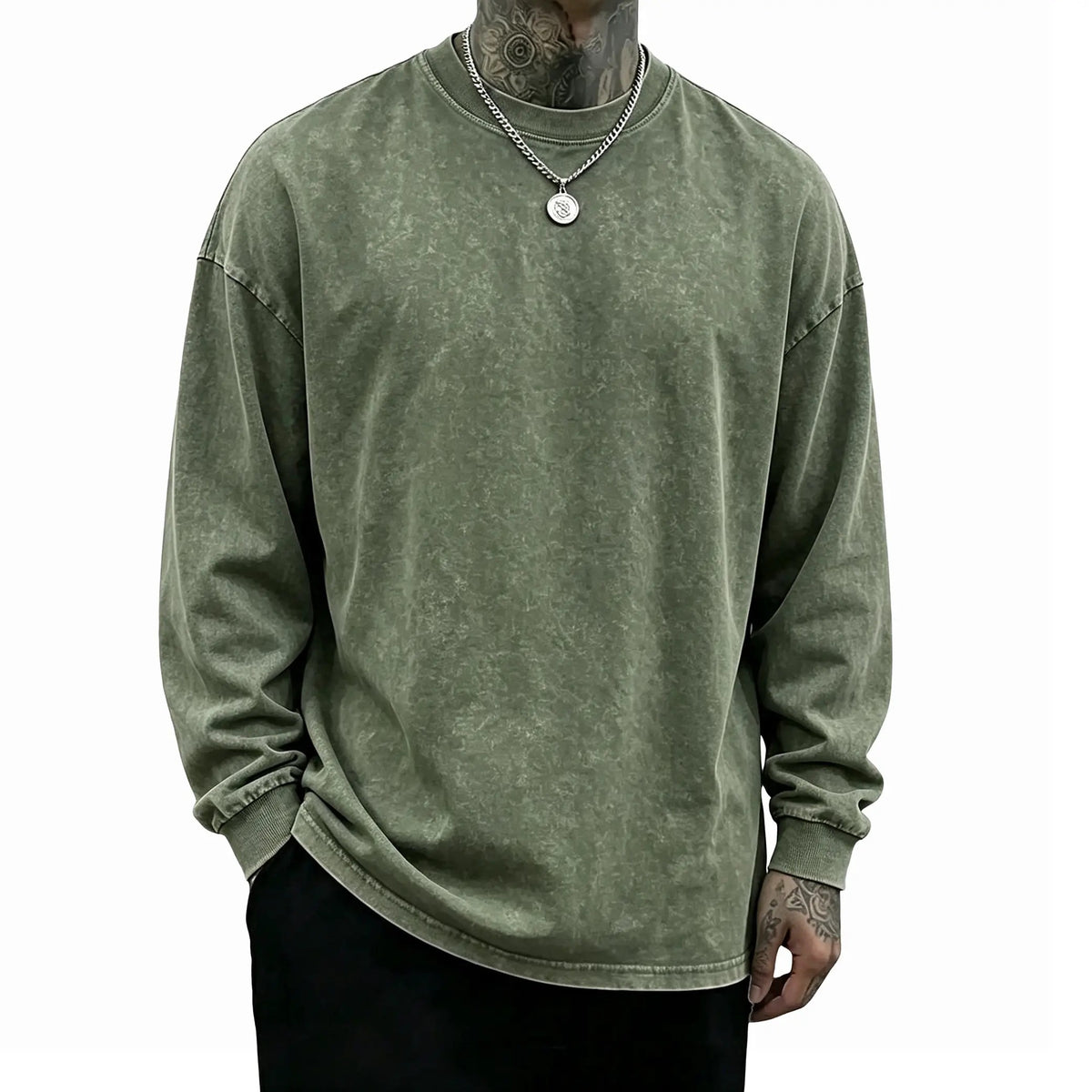Unisex Oversized Washed Distressed Cotton Long Sleeve T-Shirt, Vintage Plain Crewneck Streetwear Top