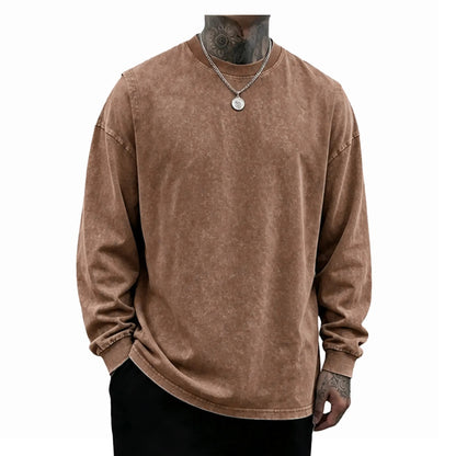 Unisex Oversized Washed Distressed Cotton Long Sleeve T-Shirt, Vintage Plain Crewneck Streetwear Top
