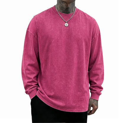 Unisex Oversized Washed Distressed Cotton Long Sleeve T-Shirt, Vintage Plain Crewneck Streetwear Top